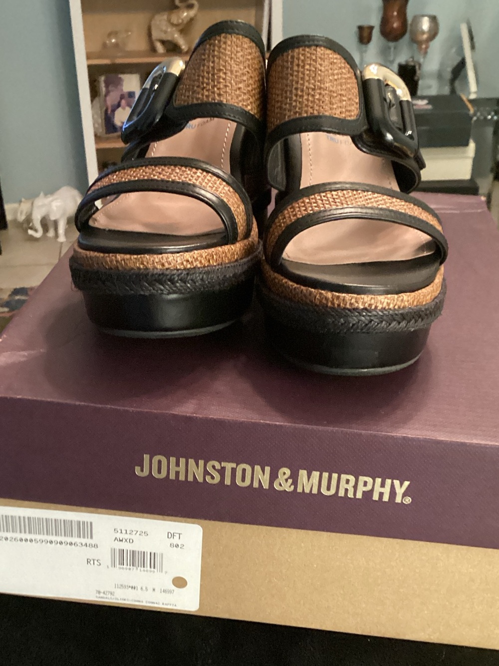 Johnston & Murphy Brown Woven Leather-Trim Platform Sandals